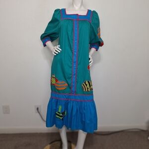 Vintage Southern Image Teal Blue Embroidered Embellished Art To Wear Dress L